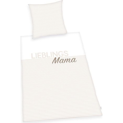 Parure de Lit Maman Préférée, Taie d'Oreiller 70 x 90 cm, Housse de Couette 140 x 200 cm, Avec Fermeture Éclair, Coton/Renforcé, Blanc/Beige (1/2)
