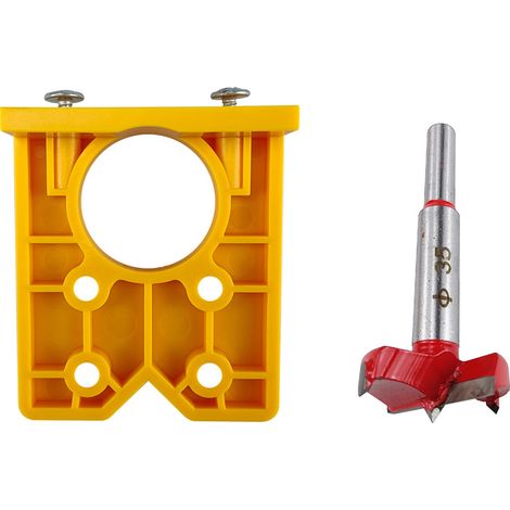 Outil de positionnement des trous de charnière (jaune) + foret rouge de 35 mm Gabarit de perçage pour charnières de 35 mm, outil auxiliaire de perçage pour le travail du bois, gabarit de perçage pour  (1/4)