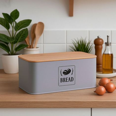 Boite a pain avec couvercle en bambou - design retro boitier en metal (1/5)