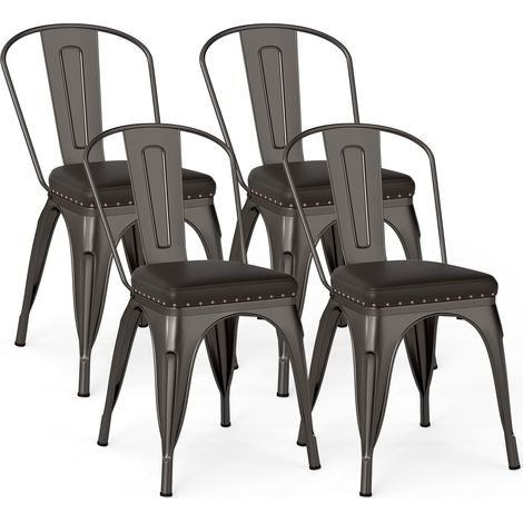 Set de 4 Chaises de Salle à Manger en Métal, Chaises de Cuisine Empilables avec Dossier Amovible et Assise Rembourrée Charge 150 kg, Gris (1/5)
