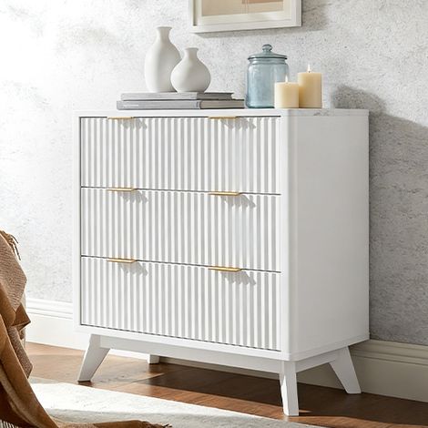 Commode chambre 3 Tiroirs Style Fluté 32" Haute, Commode bois avec Plateau Faux Marbre & Profil Courbé, Organisateur de Rangement pour Chambre, Salon & Couloir - Panneau de Particules Solid White (1/5)