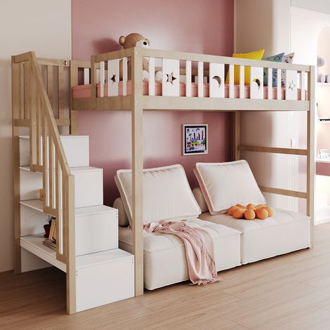 MEUBLIV Cama alta infantil 90x200 cm blanca y madera – escalera con almacenaje, sin colchón (1/5)