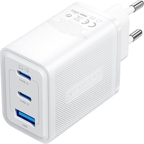 GaN Ladegerät mit 3 Anschlüssen 2x USB-C, 1x USB-A 65W Schnellladegerät in Weiß