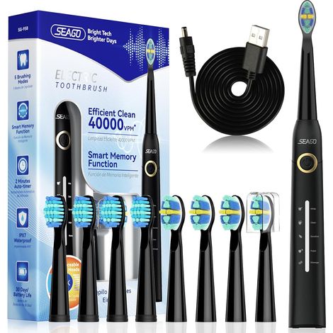 brosse à dents sonique rechargeable, 5 modes, 8 têtes, minuterie 2 min, 40000 VPM, USB-C, autonomie 30 jours, étanche IPX7, Brosse électrique adulte pour voyage (Noir) (1/5)