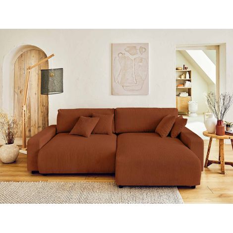 Pivoine – ecksofa beidseitig montierbar– 4-sitzer– schlaffunktion mit bettkasten – aus cord - terrakotta