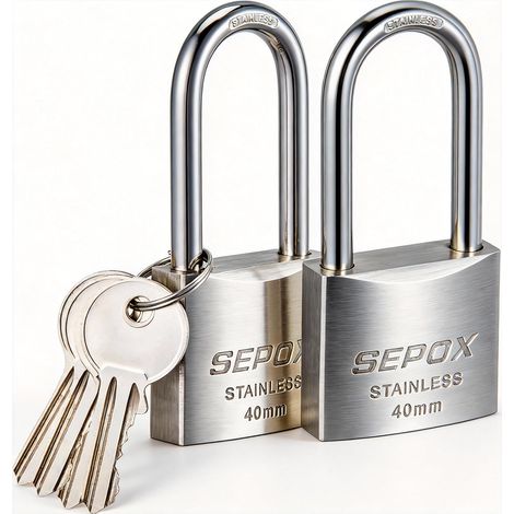 Cadenas à clés extérieurs résistants aux intempéries, anse longue en acier inoxydable SUS304 et corps de serrure 40mm, 2 cadenas avec 4 mêmes clés, pour marine, industriel (1/5)