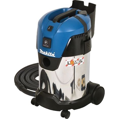 Makita – Aspirateur cuve inox 30L 1000W classe L – Aspiration poussières de classe L – Tuyau Ø 32 mm – Buse plate 100 mm – Brosse sols durs Ø 36 mm
