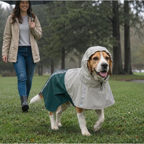 Manteau de pluie pour chien imperméable et respirant, réglable, vert, ouverture laisse 11 cm (1/5)