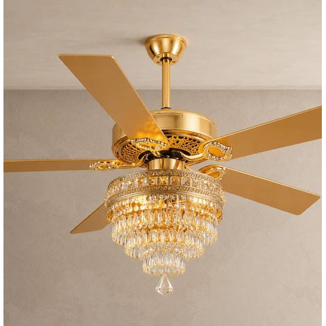 Kviflon ventilateur de plafond cristal doré 132 cm, télécommande