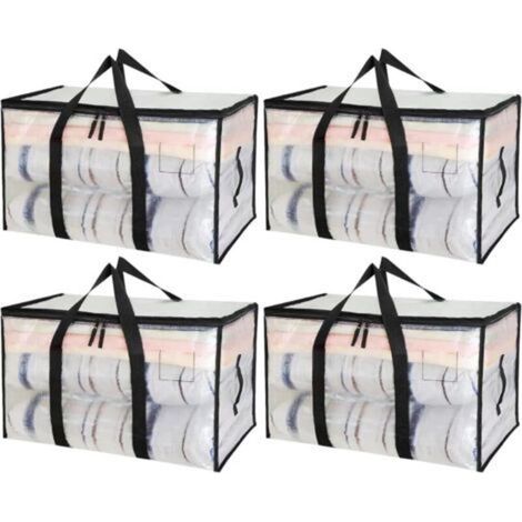 Grand Rangement Vetement 90L, 4 Pièces Boîte de Déménagement Transparente, Sac Rangement Vetement, sac rangement couette, Housse Vetement avec poignée pour Ranger et Organiser les Vêtements (1/5)