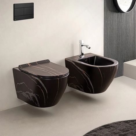 Sanitari sospesi Rimless effetto marmo nero con sedile Tokyo (1/5)