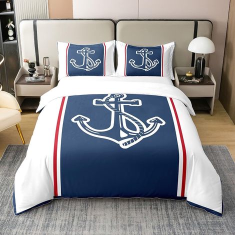 Ancre Impression Literie Set thème Nautique 100% Coton Housse de Couette 200x200cm Femmes Marine Parure de Lit expédition Marine Ensemble de lit Chambre décoration Ensemble de Literie - 200 x 200 cm + (1/5)
