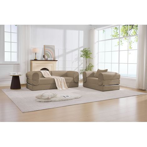 Ensemble canapé modulaire en velours côtelé 1 place + 2 places, canapé de sol sans structure, banquette épaisse rembourrée en tissu velours côtelé rayé, canapé d'angle moderne pour salon, chambre et a (1/4)