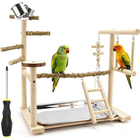Aire de jeux pour oiseaux avec perchoir et mangeoire en bois naturel (1/5)