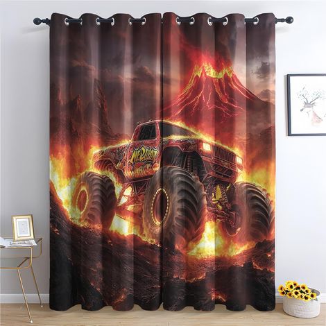 Rideau Occultant Monster Truck - Décoration Monster Truck, Rideau Thermique Motif Garçon Volcan Lave Voiture, Lot de 2 Rideaux Opaque à Oeillets pour Fenetre Chambre Salon, 140x160 cm (LxH) - 2x L 140 (1/5)