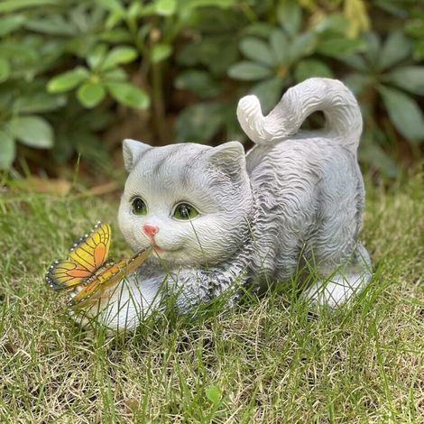 Statue de Chat à énergie Solaire,Papillons Lampes solaires pour extérieur,Figurine de d'animal décorative pour Jardin,Sculpture en résine étanche,Éclairage LED,pour Pelouse,Terrasse