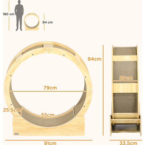 Roue d'entraînement féline 91 cm avec système de freinage et surface de grattage, en bois de chêne, pour activité physique saine et relaxation maximale. (1/5)