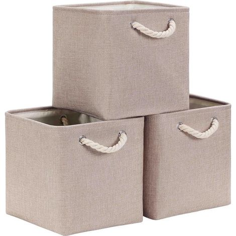 Cubo de almacenamiento plegable, cajas de almacenamiento de lona de 33x33x33 cm para armarios, estantes y roperos, color caqui claro (3 unidades) (1/5)