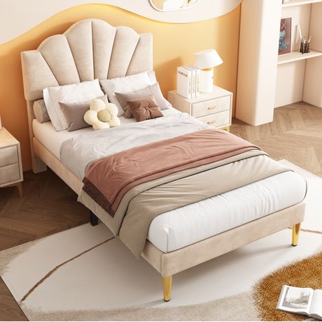 Polsterbett 90/200 cm beige aus Samt mit muschelförmigem Kopfteil (1/5)