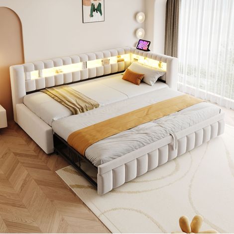 Canapé-lit 90x200 cm en velours beige avec LED, pour petit espace, sans matelas – MEUBLIV (1/5)