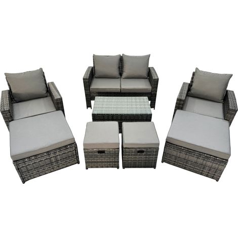 Fimous 8 Seater Wicker PE Rattan Furniture Outdoor Coffee Table Double Seat Sofa 4 Stools Set Dark Grey Mixed (1/5)