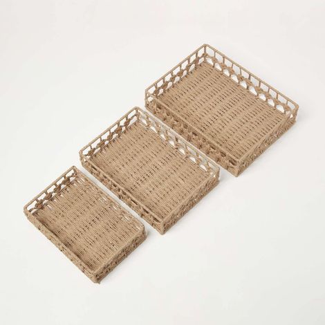 HOMESCAPES Set of 3 Natural Woven Rectangle Storage Trays (1/5)