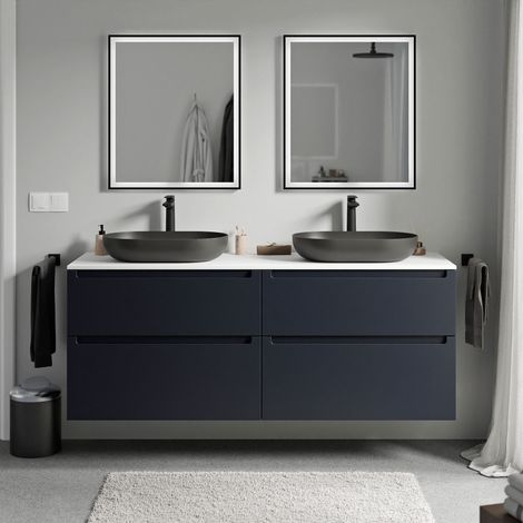 BERNSTEIN - Mobile lavabo sospeso MDF Blu notte opaco, piano lavabo Bianco opaco, cassetti girevoli - 160x46x62cm - VIREO	Bianco opaco, Blu notte opaco