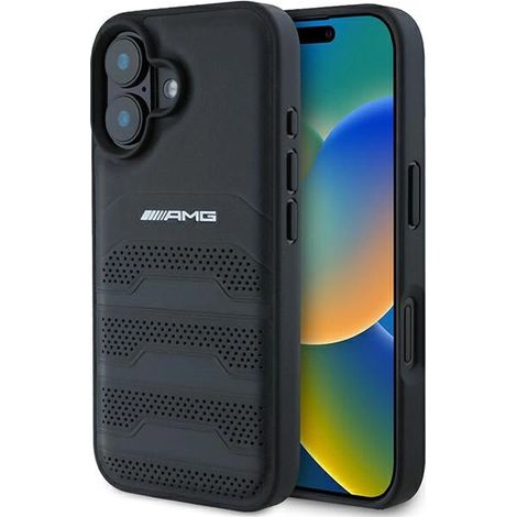 Custodia rigida nera/nera per iPhone 16 6.1" AMG AMHCP16SGSEBK con linee in rilievo e logo nero. (1/5)