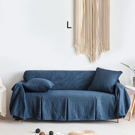 Housse de canapé Ander Online 200x260 cm Coton Lin Antidérapante Bleu Paon avec 4 Clips et Coussins Assortis