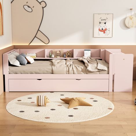 Lit 90x200cm, lit plat avec tiroir escamotable, bureau intégré, étagères latérales x3, rose, meuble chambre complet (1/5)