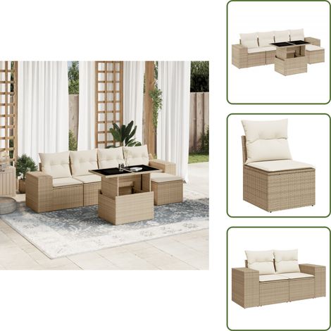 6-tlg. Garten-Sofagarnitur mit Kissen Beige Poly Rattan - Gartenmöbel Set - Esszimmergarnitur - Outdoor Möbel - Lounge Garnitur - Rattan Gartenmöbel (1/5)