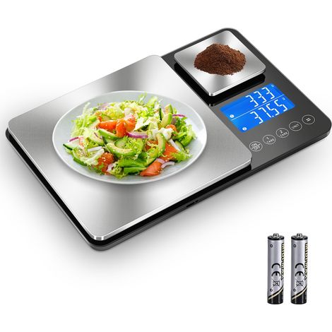 Digitale Küchenwaage mit zwei Plattformen, Genauigkeit von 1 g und 0,01 g, Kapazität von 15 kg und 500 g, ideal zum Backen, Kochen, Hefen und Schmuck, Akkumulationsfunktion