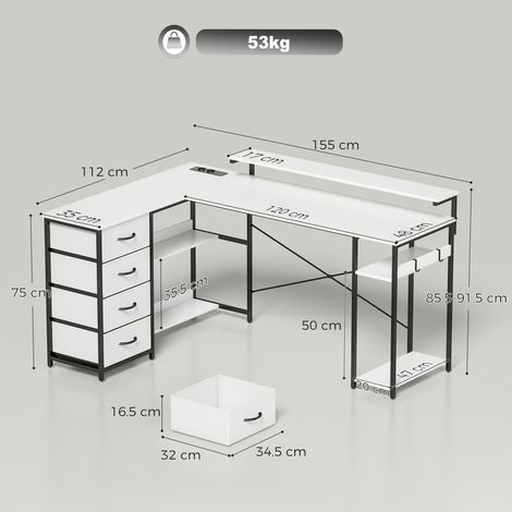 Bureau d'angle en L, 155 cm, réversible, 4 tiroirs en tissu, prises électriques intégrées (1/5)