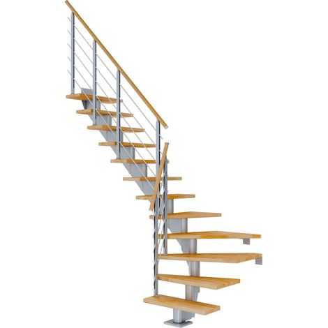 Dolle Mittelholmtreppe Hamburg 1/4 gewendelt Buche, geölt 85 cm breit für GH 222 – 258 cm UK Metall Perlgrau mit Geländer
