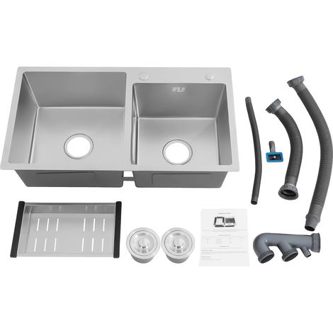 Évier de cuisine, double bac, construction en acier inoxydable, Argent (1/2)
