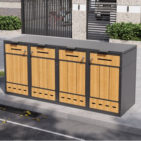 Mülltonnenbox für 4 Behälter, Klappdeckel und Fronttür, Belüftungslöcher, Stahl, Grau und Holzoptik (1/5)