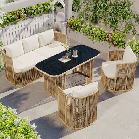 4-teiliges Gartenlounge Set mit 3-Sitzer Sofa 2 Sesseln und Glastisch, UV-beständig, aus PE-Rattan und Stahl, Modern, Beige und Schwarz