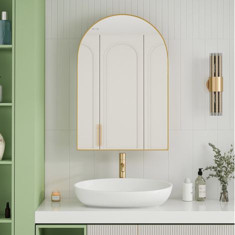 Armario de baño con espejo arqueado 91 x 61 cm, estantes regulables, metal dorado DESVIAE (1/5)