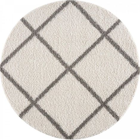 Tapis longs poils shaggy Ø200cm crème tissé rond motif scandinave SG MADRAG