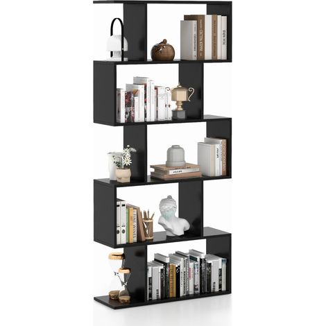 Bibliothèque 5 niveaux séparateur de pièce 70 x 23,5 x 158 cm design géométrique noir en bois d'ingénierie