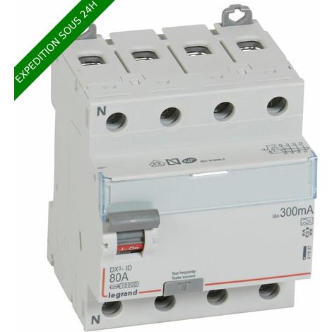 Legrand – Bloc différentiel 4P 400V 80A type A 300mA – Arrivée haute et départ bas à vis – IP20 – Pour rail DIN – 4 modules