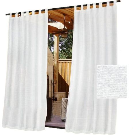Rideaux d’extérieur style lin – tissu imperméable semi-transparent – lot de 2 – pour balcon, terrasse et pergola (Blanc blanchi-132×213cm) (1/5)