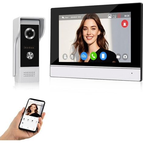 1 Sonnette Vidéo WiFi 7 Pouces Écran Tactile 1080P Caméra IR Vision Nocturne Interphone Maison