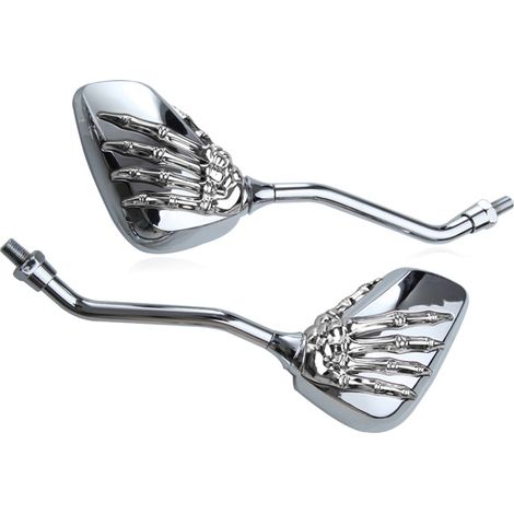 Un par de espejos retrovisores únicos con forma de calavera y mano, aptos para motocicletas, scooters, ciclomotores, bicicletas y bicis estándar (plateados). (1/3)