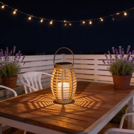 Lanterne Solaire Extérieur 29cm Corde Naturelle Tressée Lampe de Table LED (1/5)