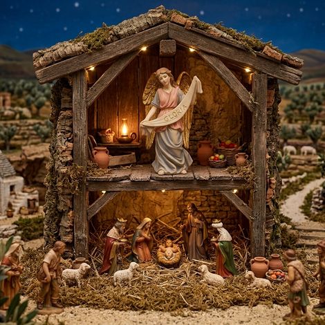 Angelo per Natività 20 cm con Cartiglio "Gloria" Statuina in Resina Decorata a Mano (1/3)