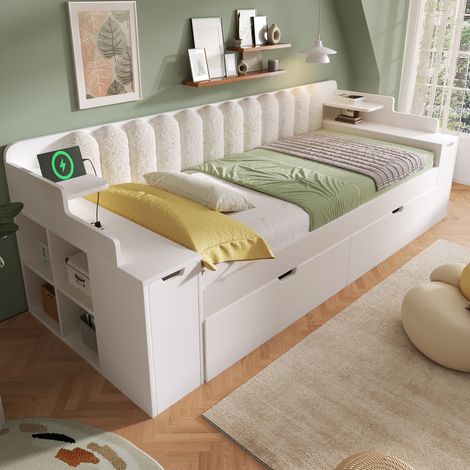 Cama nido 90 x 200 cm con cama extraíble, almacenaje y carga USB-C, MDF y metal, blanca REDOM (1/5)