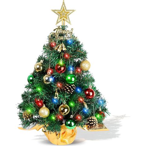 Set aus 60 cm hohen künstlichen Mini-Weihnachtsbäumen, kleine Tischbäume mit Lichterketten, Sternen, Baumkronenschmuck, Kugeln, Glöckchen und Tannenzapfen. Weihnachtsdekoration