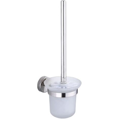 Brosse de toilette avec support, ensemble brosse de toilette avec manche en acier inoxydable et bol en verre trempé, auto-adhésive pour fixation murale, couleur argentée (1/5)