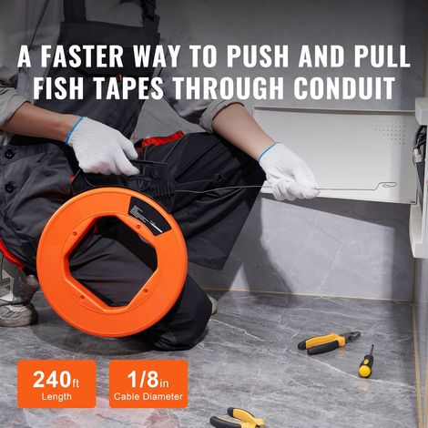 Ruban tire-fil acier 73,2m 3mm, passe-cable logement poignee optimises, outil tirage cable facile, flexible passage fil murs gaines electriques non-conducteur (1/5)